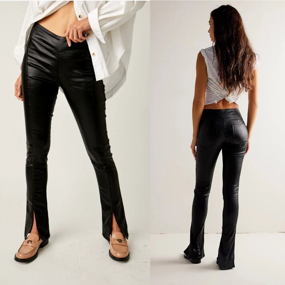 NWT New $128 Free People Women's Double Dutch Coated Pull-On Black Jeans Size L